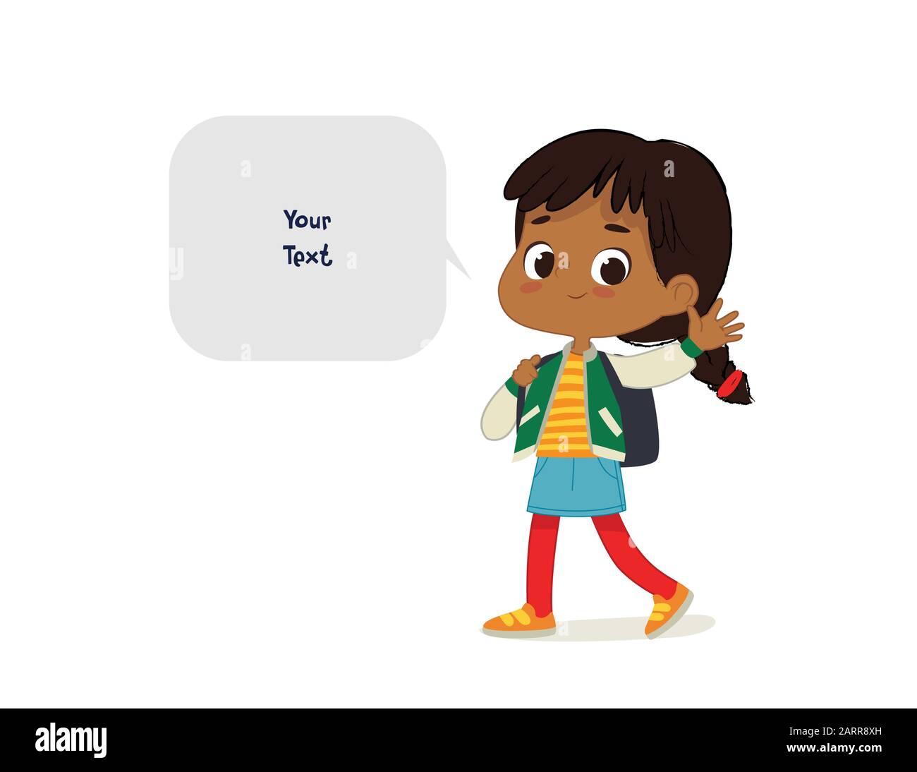 Illustrazione vettoriale della ragazza latino con lo zaino va a scuola. Il ragazzo prescolare va a scuola. Dark Skin ragazzo e voce bolla con posto Illustrazione Vettoriale