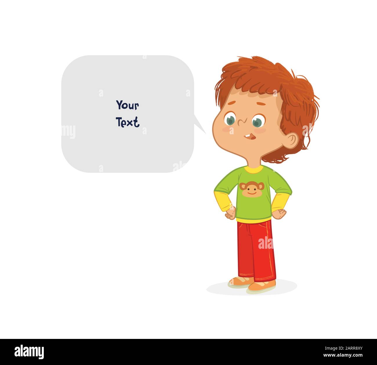 Illustrazione vettoriale del Red Hair Boy. Scolare e parlare bolla con luogo per il testo isolato su sfondo bianco. Illustrazione Vettoriale