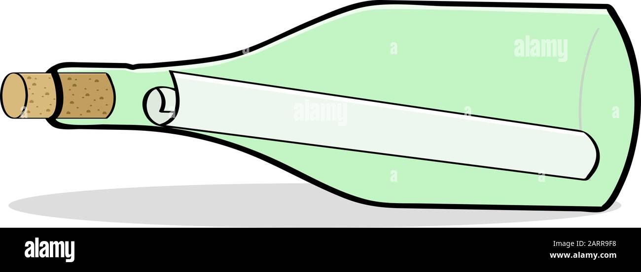 Illustrazione del cartone animato che mostra un foglio di carta arrotolato all'interno di una bottiglia Illustrazione Vettoriale