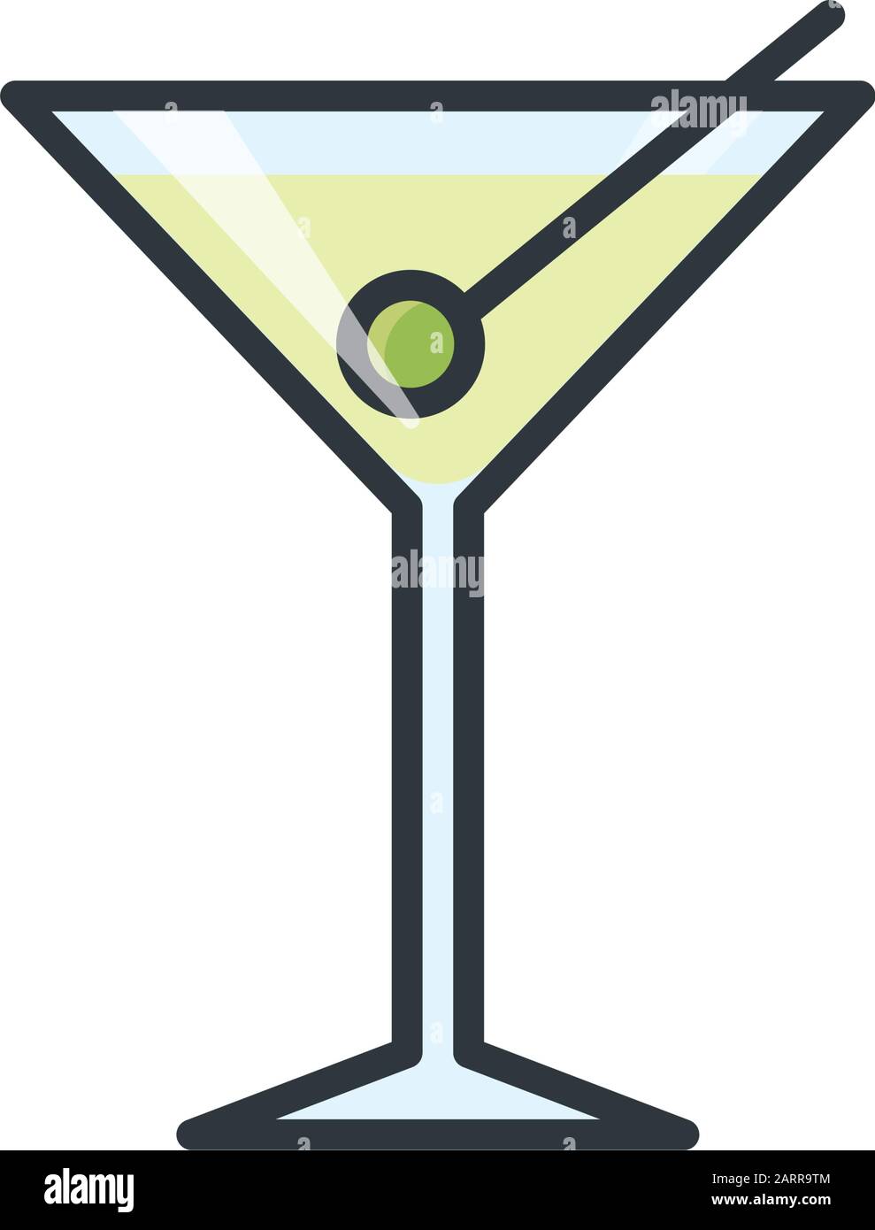 Dry Martini con icona Olive in vetro. Simbolo di bevanda a colori isolato . Illustrazione Vettoriale