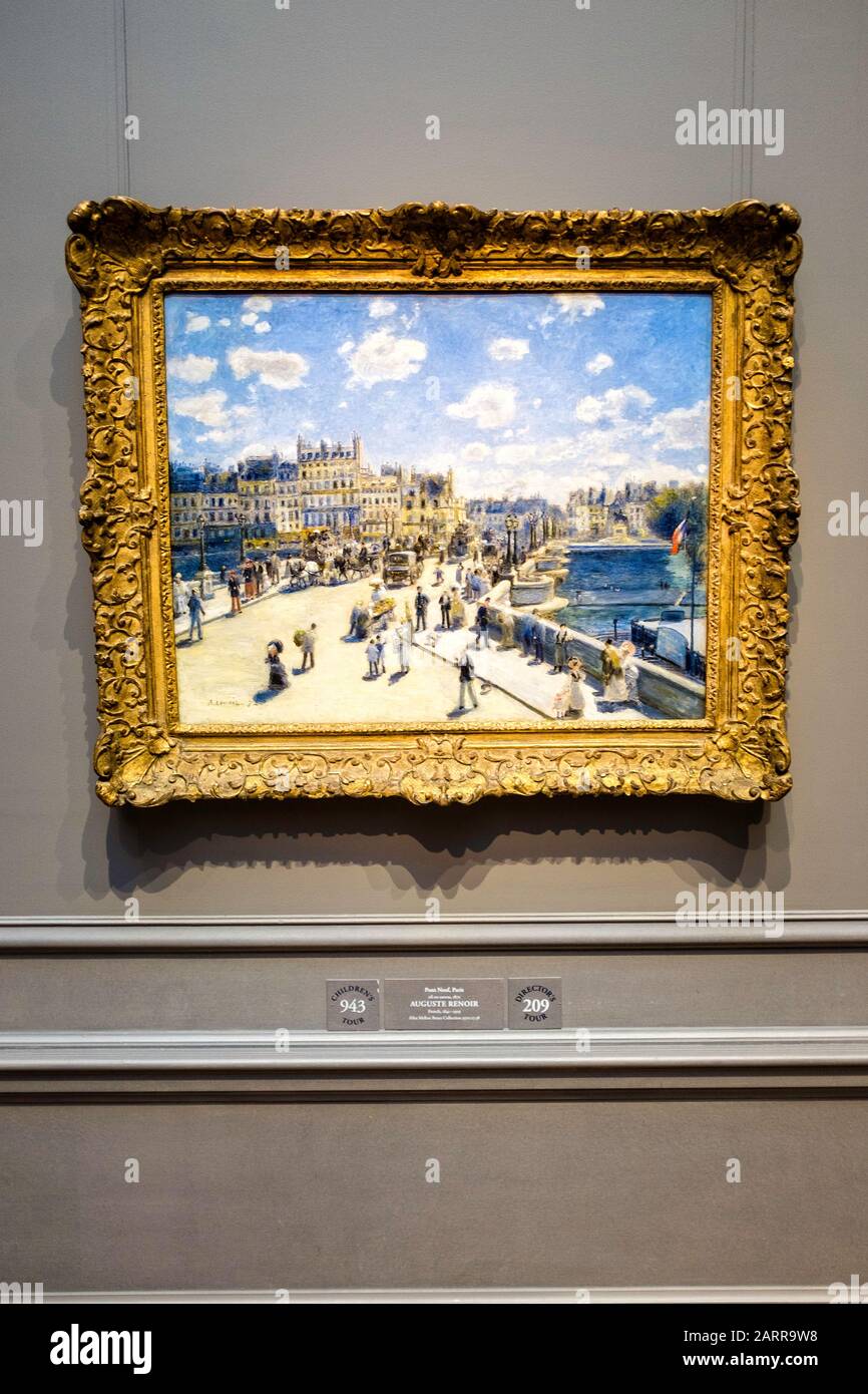 Un Renoir incorniciato, olio su tela, 'Point Neuf, Paris', appeso alla Galleria Nazionale d'Arte, Washington, D.C. Foto Stock