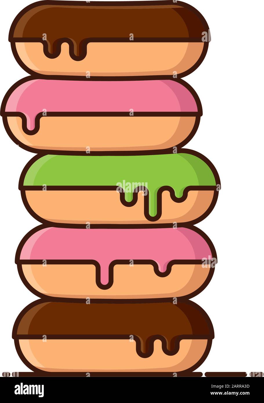 Ciambelle impilate cartone animato isolato vettore illustrazione. Cinque ciambelle al cioccolato, allo spionaggio e alla glassa verde, Illustrazione Vettoriale