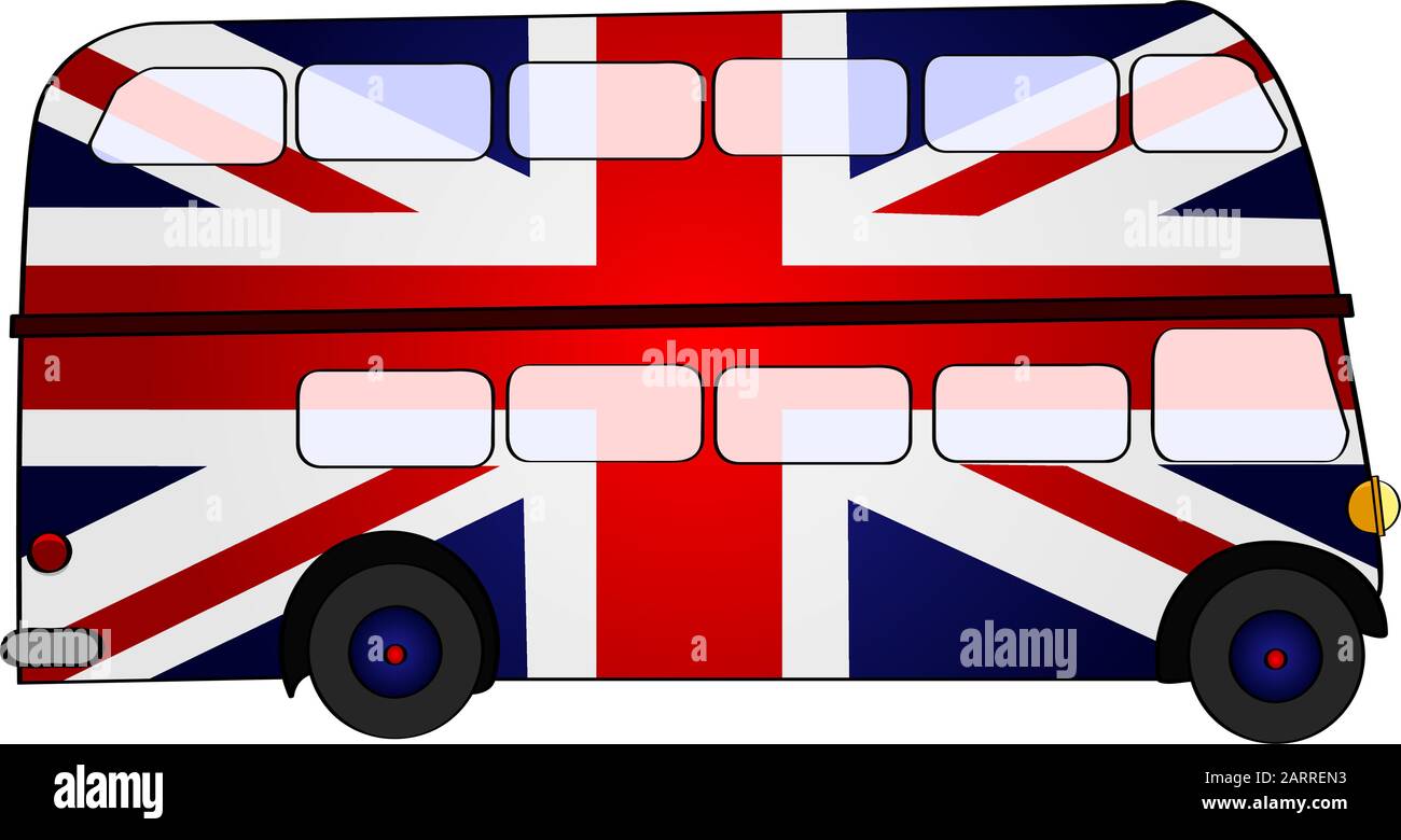 Illustrazione cartoon che mostra un autobus a due piani dipinto nei colori dell'Union Jack, la bandiera del Regno Unito Illustrazione Vettoriale