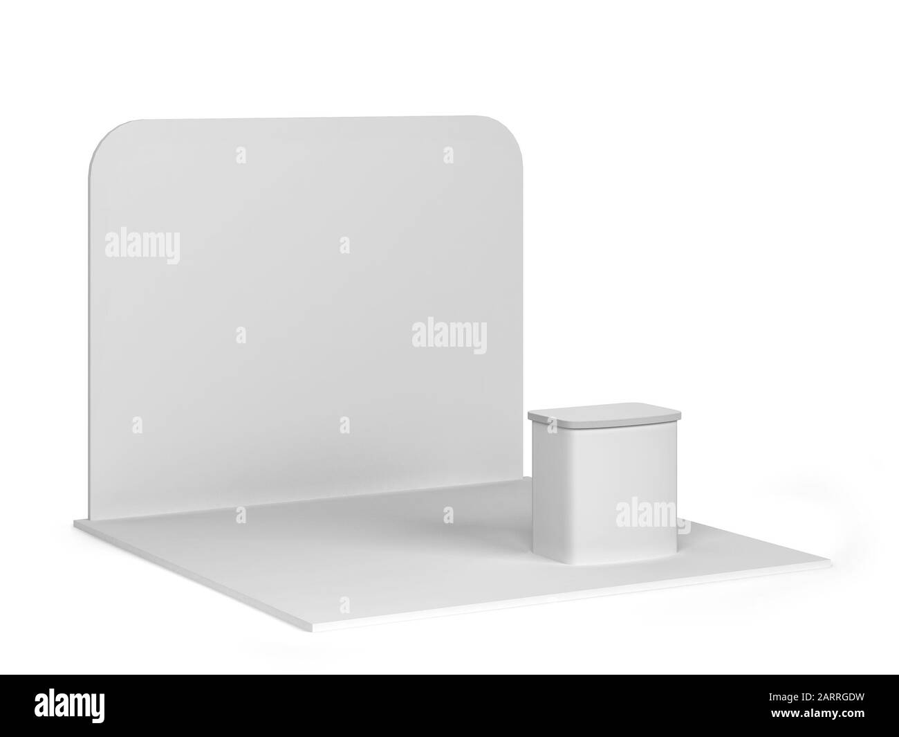 Semplice stand tradeshhow con un banco. illustrazione 3d isolata su sfondo bianco Foto Stock