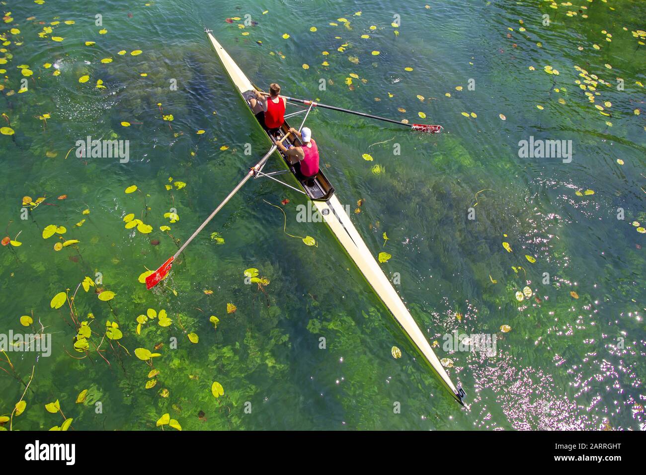 Due giovani atleti canottaggio squadra sul lago turchese verde Foto Stock