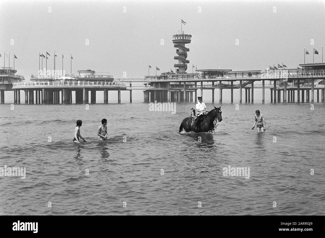 Scheveningen-Beach, polizia a cavallo recupera le persone che sono troppo lontano in mare Data: 23 giugno 1976 Parole Chiave: Polizia, seeen Foto Stock
