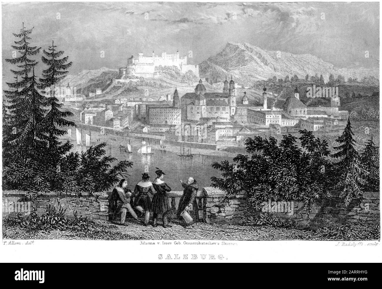 Un'incisione di Salisburgo scannerizzata ad alta risoluzione da un libro stampato nel 1836. Si ritiene che questa immagine sia priva di tutte le restrizioni sul copyright. Foto Stock