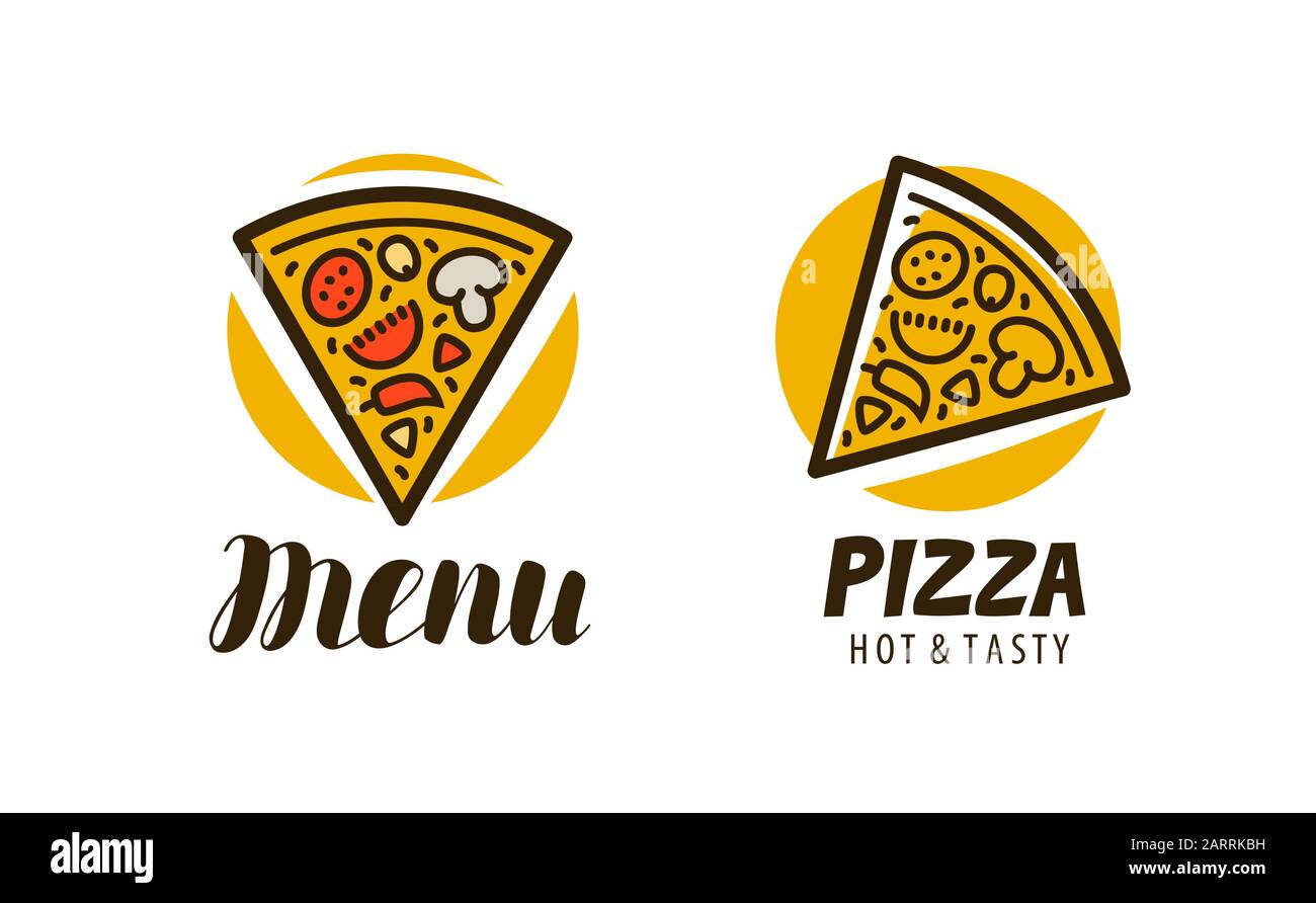Fetta di pizza con logo. Simbolo o etichetta del cibo. Vettore Illustrazione Vettoriale
