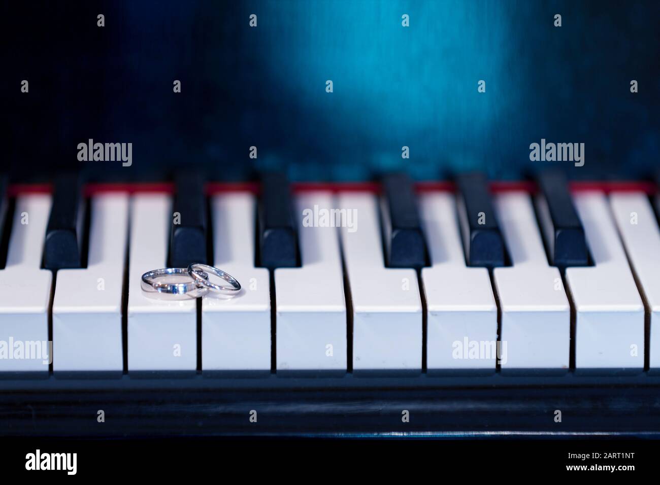 Un paio di anelli da sposa, il suo e il suo, sdraiati su una tastiera a piano. Il pianoforte è un puntello per una fotografia di matrimonio per mostrare gli anelli di platino Foto Stock