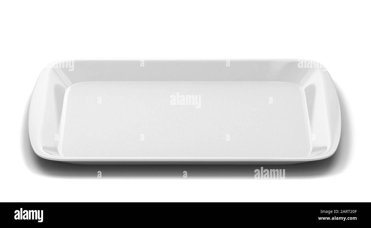 Vassoio in plastica vuoto per alimenti. illustrazione 3d isolata su sfondo bianco Foto Stock