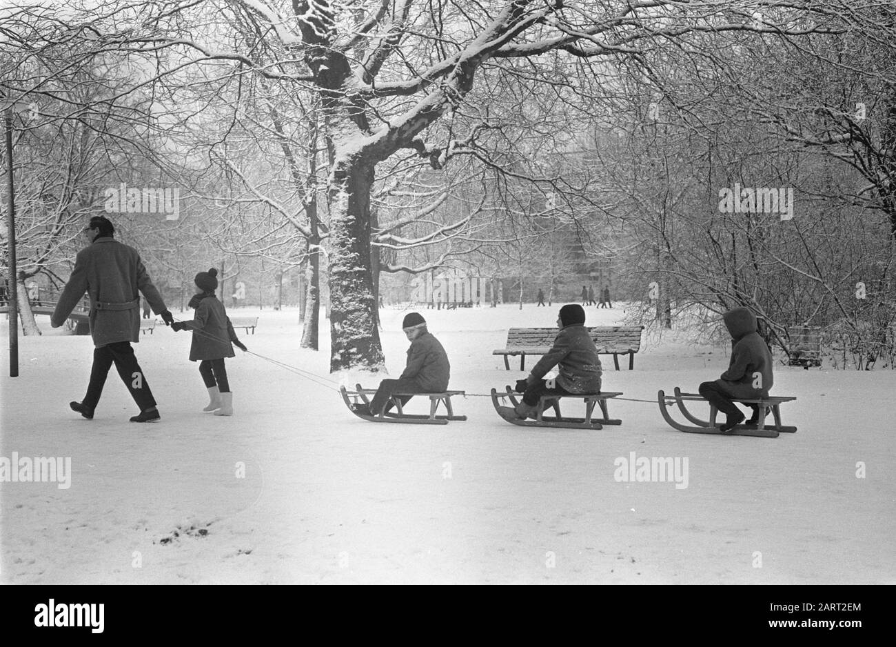 Snow fun in Vondelpark padre tira slitta con i bambini Data: 29 Dicembre 1968 Parole Chiave: Bambini, slitte, snow fun Foto Stock