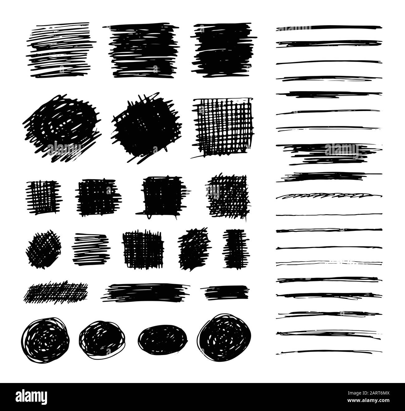 Set di simboli scribble disegnati a mano isolati su bianco. Schizzi di stile Doodle. Badge ombreggiati e tratteggiati, tratti e forme a bolla. Vettore e monocromatico Illustrazione Vettoriale