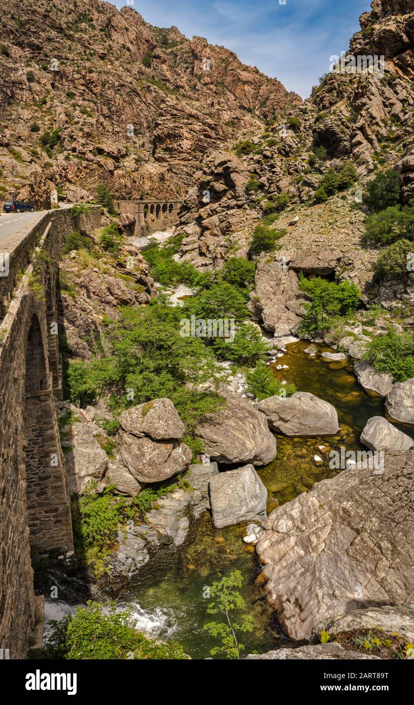 Canyon della Scala di Santa Regina, Valle del fiume Golo, ponte sulla strada D-84, Haute-Corse, Corsica, Francia Foto Stock