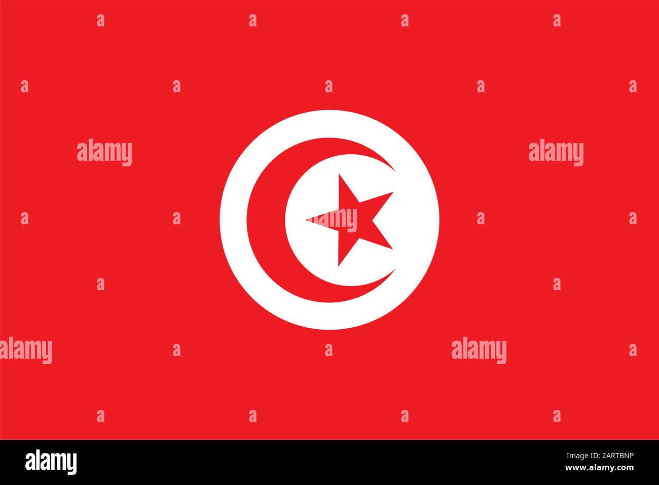 Bandiera della Tunisia. Simbolo di stato tunisino. Banner rettangolare con la stella a cinque punte che circonda la mezzaluna al centro. Colori e proporzioni corretti. V Illustrazione Vettoriale