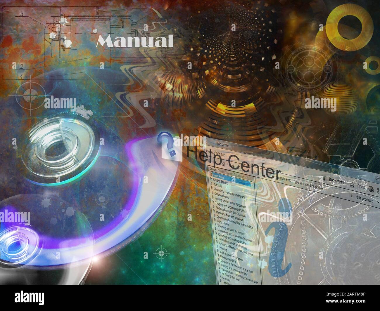 Fotomontaggio della tecnologia e dell'innovazione relativo al Manuale e al Centro di assistenza Foto Stock