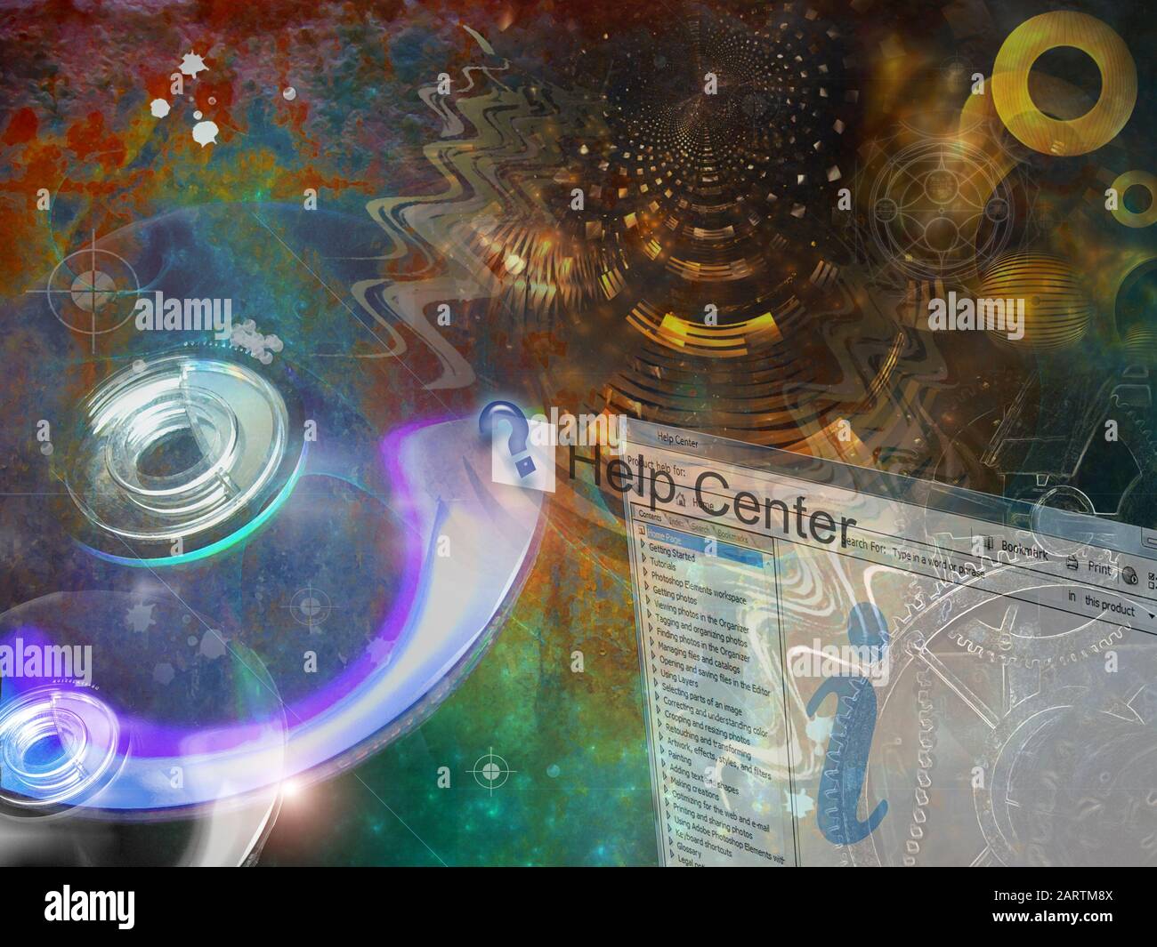 Fotomontaggio di tecnologia e innovazione in relazione al Centro di assistenza Foto Stock