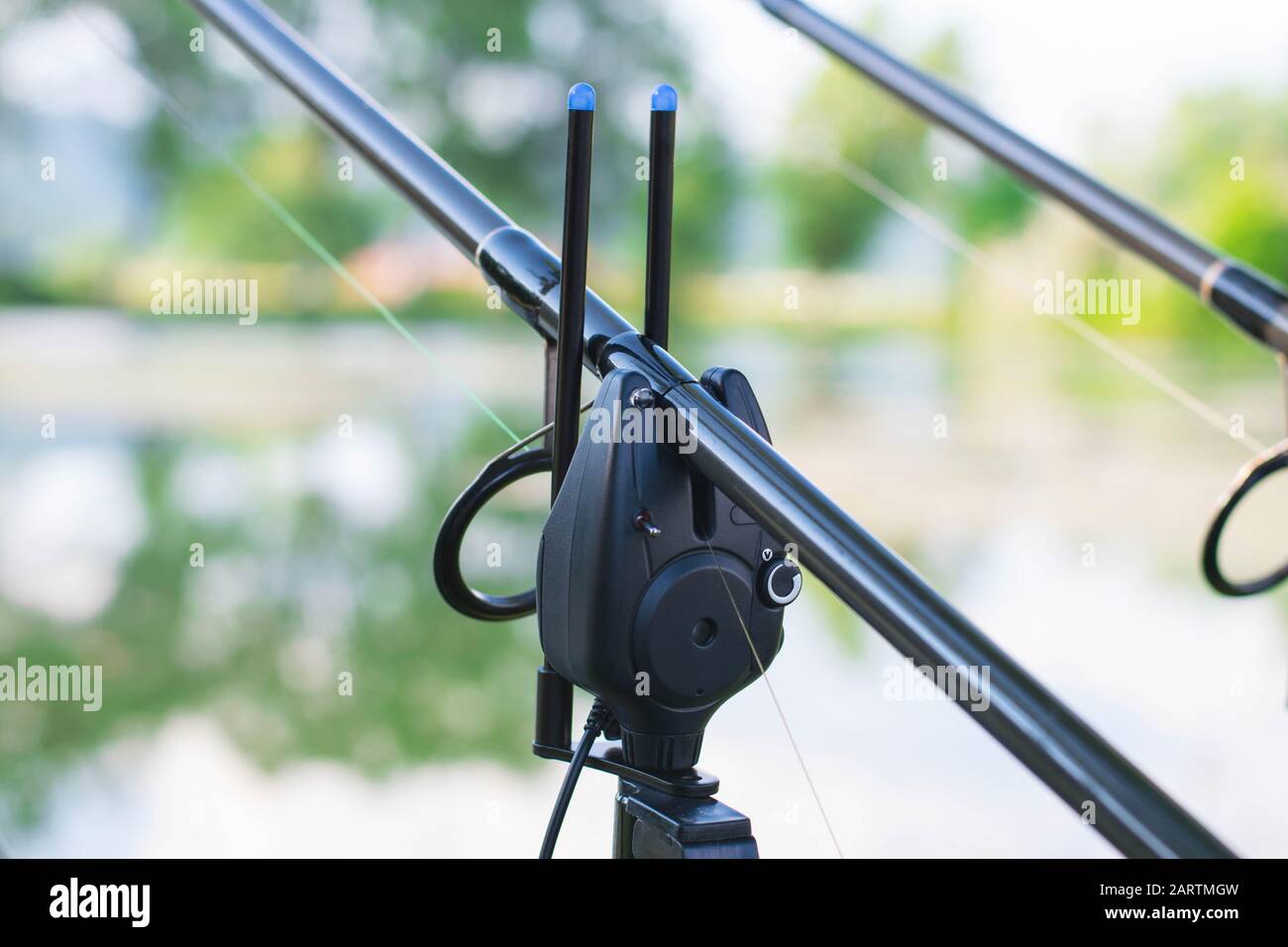Allarme da pesca con carpa professionale, primo piano sullo sfondo del lago. Foto Stock