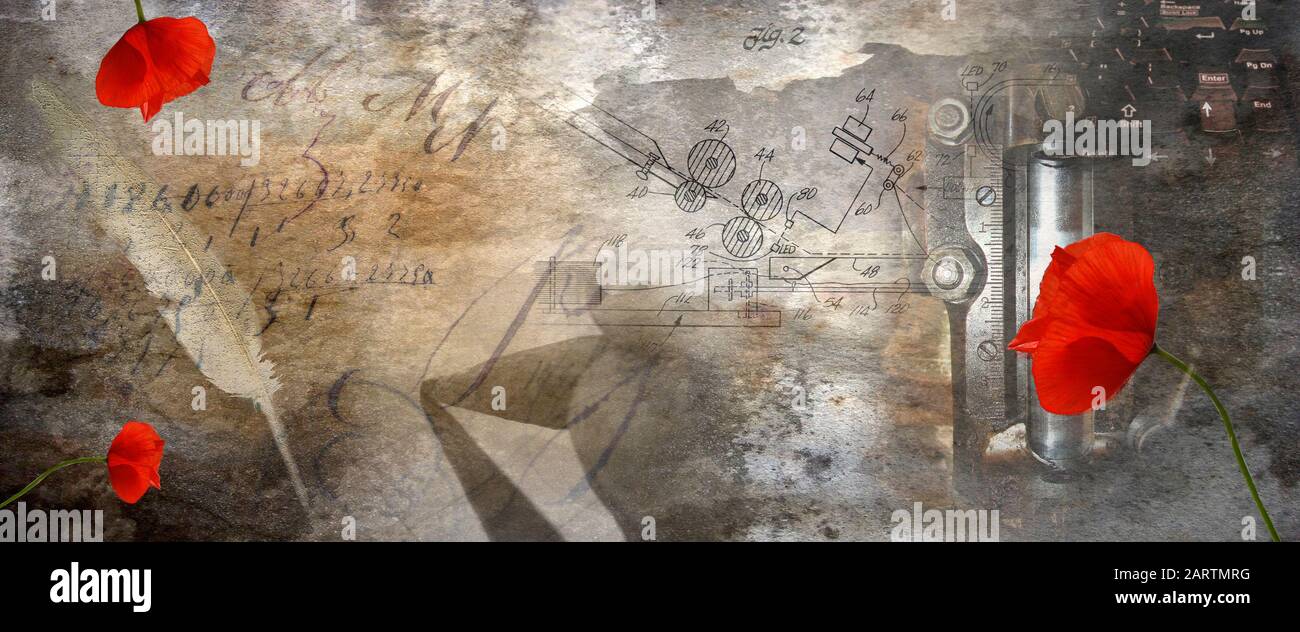 Fotomontaggio della storia Della Scrittura con papaveri rossi, Handwriting, tastiera e pemachina Foto Stock