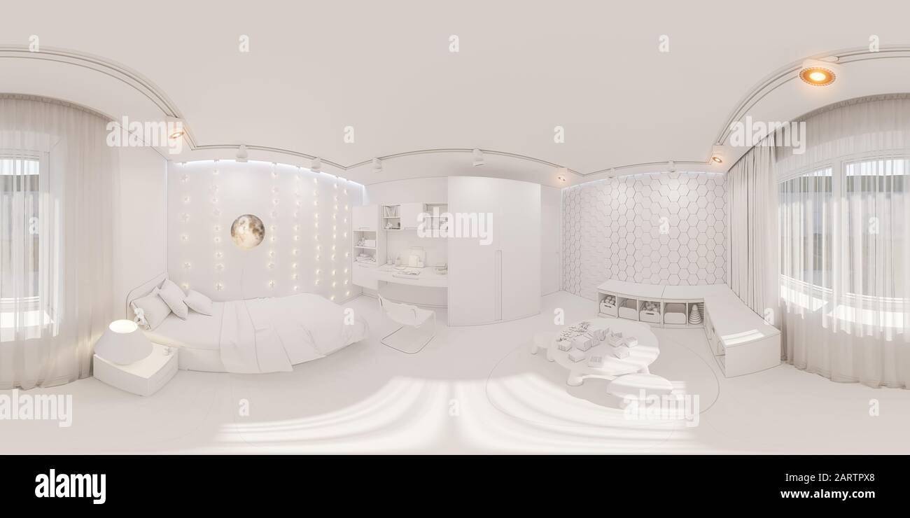 3d rendono sferica 360 gradi, panorama senza cuciture della camera da letto dei bambini in colore bianco. Visualizzazione del concetto di interior design stanza bambini Foto Stock