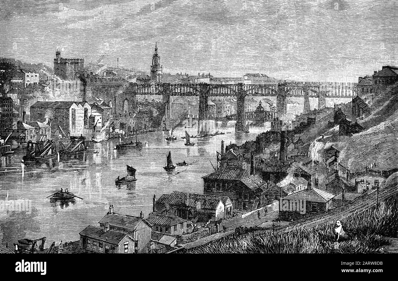 Il ponte ad alto livello è una strada e un ponte ferroviario che attraversa il fiume Tyne tra Newcastle upon Tyne e Gateshead nel Nord-est dell'Inghilterra. E 'stato progettato da Robert Stephenson per formare un collegamento ferroviario verso la Scozia per lo sviluppo della rete ferroviaria inglese; una carreggiata per veicoli stradali e pedoni è stato incorporato per generare ulteriori entrate e aperto nel 1849. Il ponte di oscillazione idraulico (dietro) è stato progettato e pagato dall'ingegnere William George Armstrong (1810-1900), con lavoro a partire dal 1873. Fu aperto per il traffico stradale e fluviale nel 1876. Foto Stock