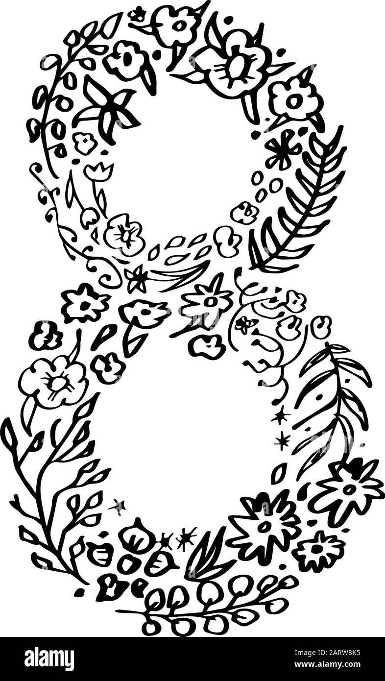 Simbolo della Giornata della Donna Otto in stile doodle disegnato a mano isolato su sfondo bianco. Illustrazione del vettore a contorno singolo. Segno linea art.. Illustrazione Vettoriale