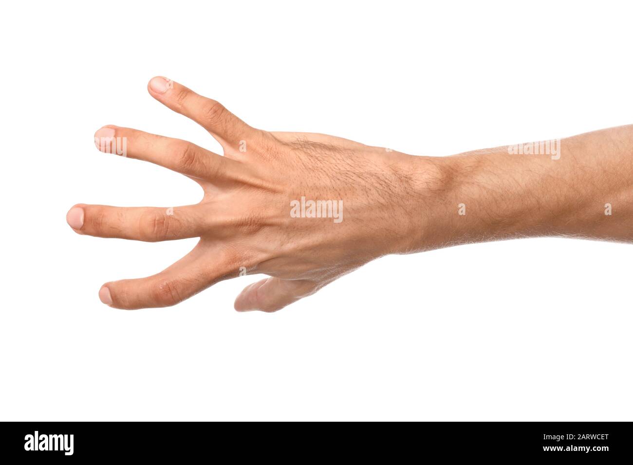 Mano maschio che afferra qualcosa su sfondo bianco Foto Stock