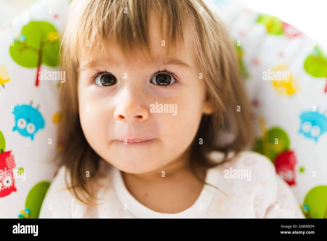 Ritratto di una ragazza di 2 anni al coperto su una sedia. Guardando la fotocamera. Foto Stock