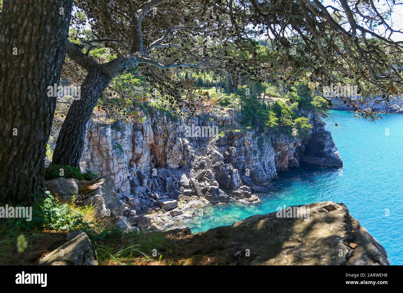 Ripidi gradini scavati nella scogliera che scende verso il mare sull'isola di Koločep, una delle tre isole Elafiti abitate, Croazia, Europa Foto Stock