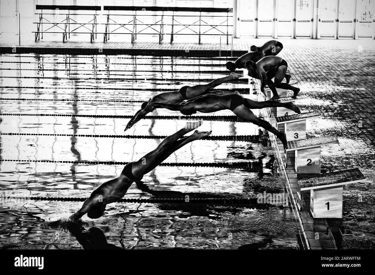 Nuotatori che si tuffano in piscina Foto Stock Nuotatori che si tuffano in piscina Foto Stock