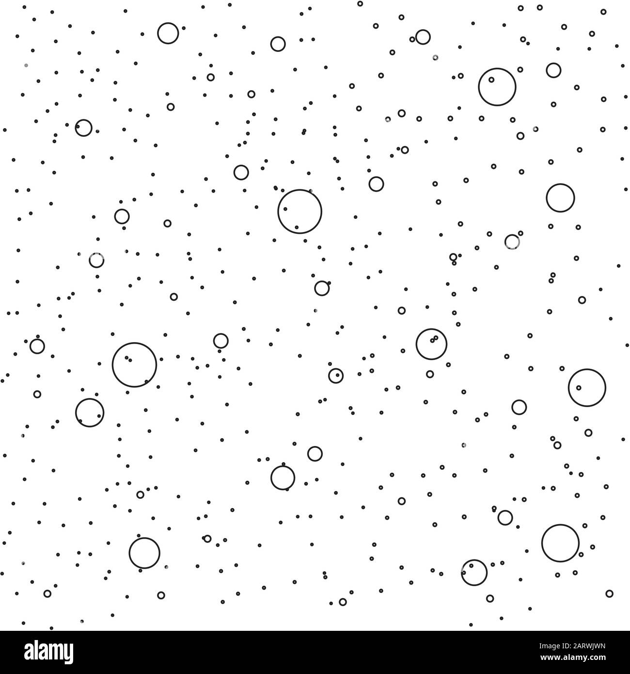 Pattern senza cuciture con cerchi e punti di diverse dimensioni in modo caotico. Varie forme rotonde di diametro disposte casualmente su sfondo continuo. Illustrazione Vettoriale