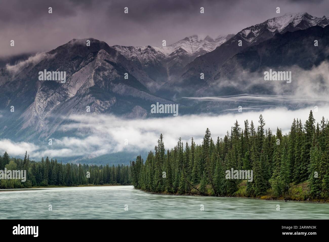 Il Fiume Athabasca Sostenuto Da Hawk Mountain E Colin Mountain, La Catena Colin Range, Vicino A Jasper, Jasper National Park, The Rockies, Alberta, Canada Foto Stock