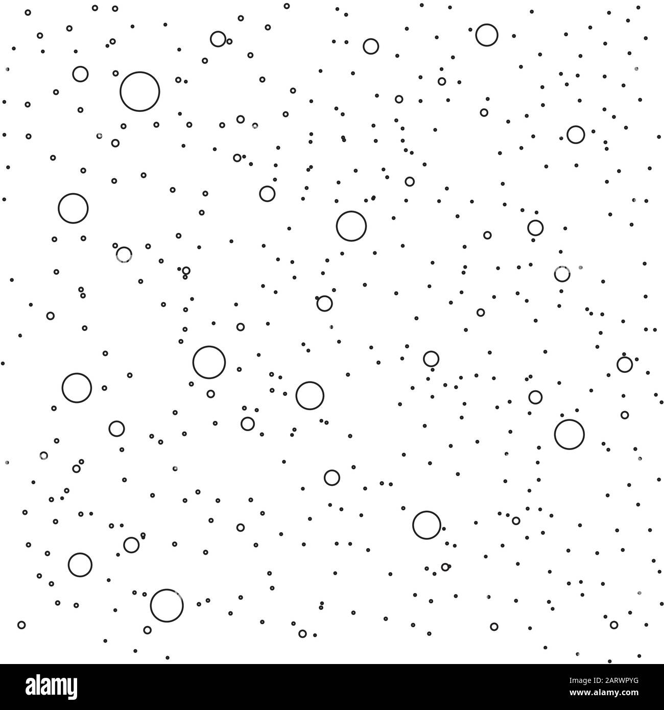 Pattern senza cuciture con cerchi e punti di diverse dimensioni in modo caotico. Varie forme rotonde di diametro disposte casualmente su sfondo continuo. Illustrazione Vettoriale