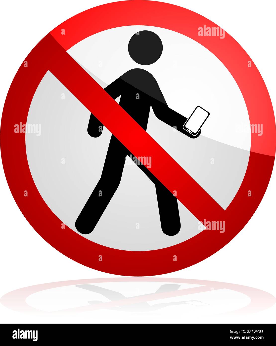 Concetto illustrazione che mostra un segno proibito per un uomo che a piedi e guardando verso il basso al suo telefono Illustrazione Vettoriale