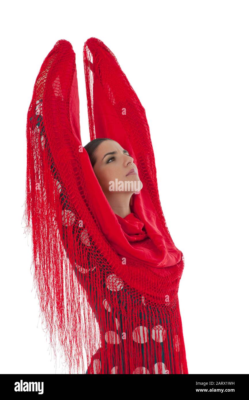Ballerino di flamenco, ballerino femminile, ballerino spagnolo, forma d'arte, danza spagnola, abito rosso, tradizioni spagnole, Spagna meridionale, Andalusia. Danza del flamenco. Foto Stock