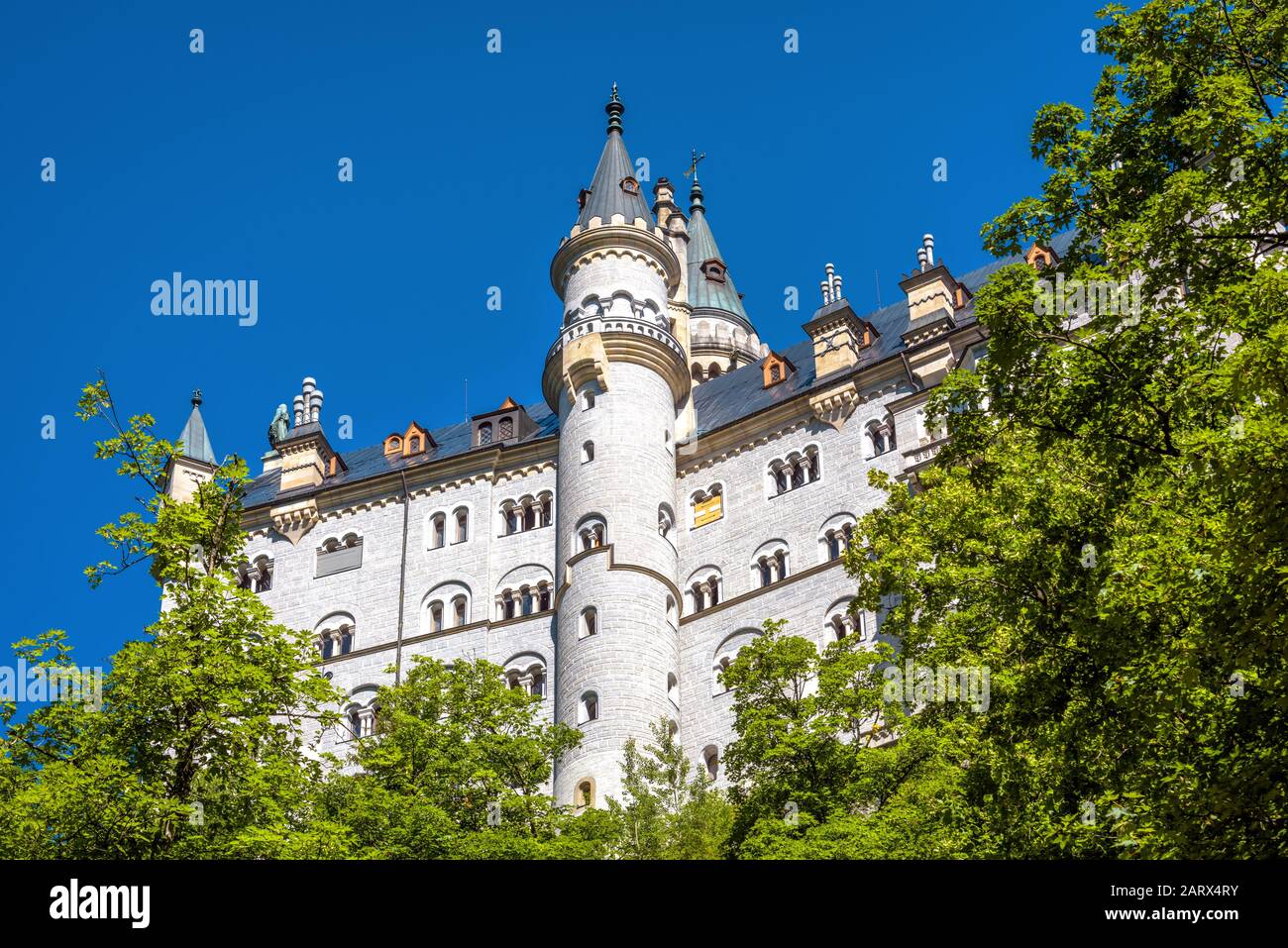 Castello Di Neuschwanstein Nei Pressi Di Fussen, Baviera, Germania. E' un famoso punto di riferimento delle Alpi tedesche. Bellissimo castello fiabesco vicino. Vista panoramica di Neusc Foto Stock