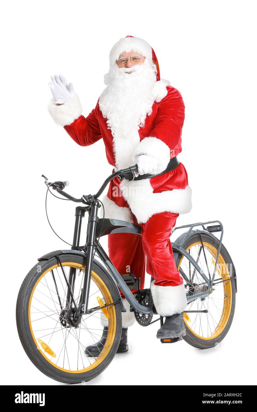 Babbo Natale con bicicletta su sfondo bianco Foto stock - Alamy