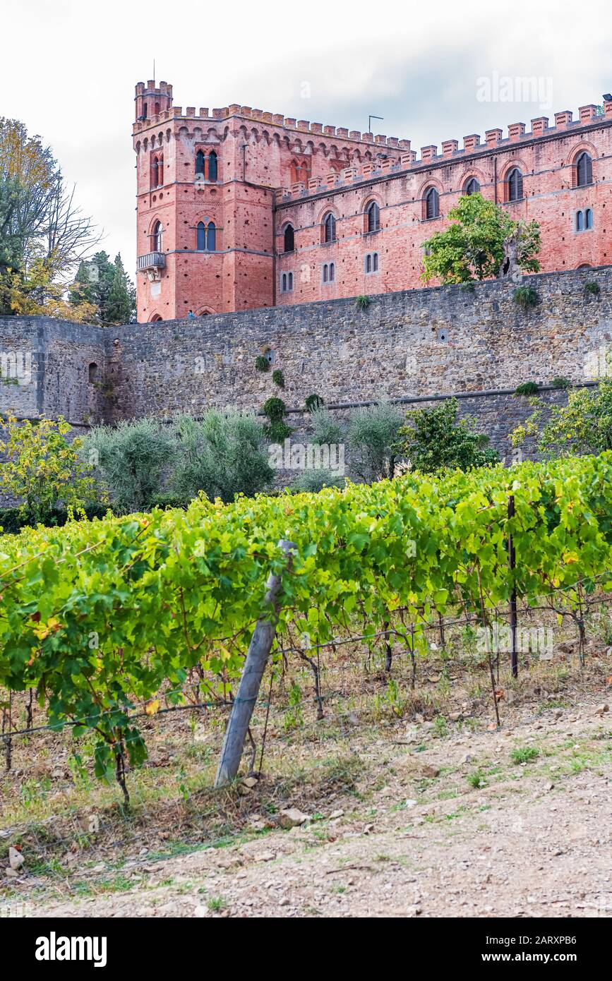 Castello di Brolio vicino a Gaiole in Chianti su una collina tra i vigneti Foto Stock