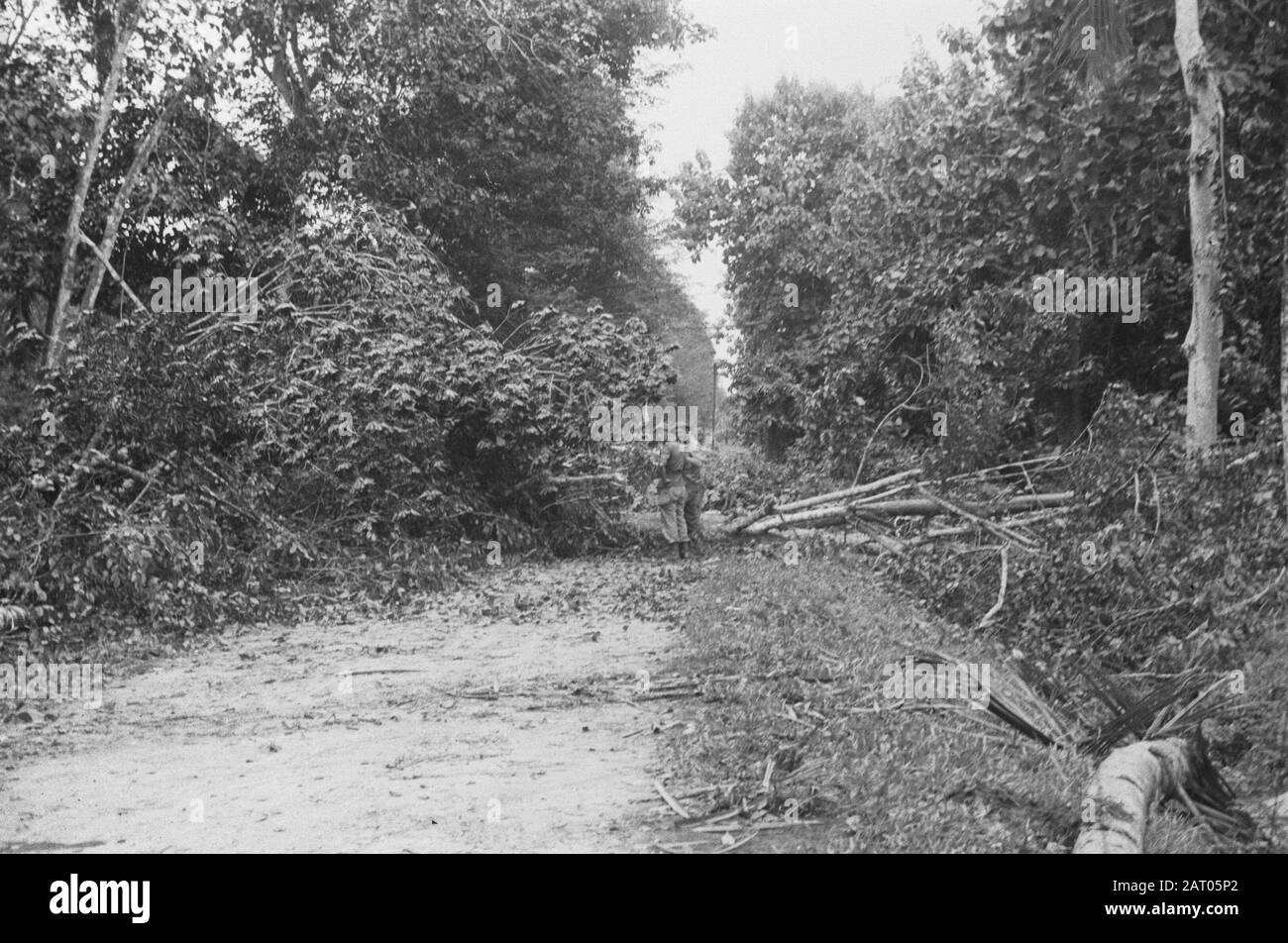 Medan Alberi abbattuti dal ritrattare TNI-truppe formano un blocco stradale Data: 1947 luogo: Indonesia, Indie orientali olandesi, Sumatra Foto Stock