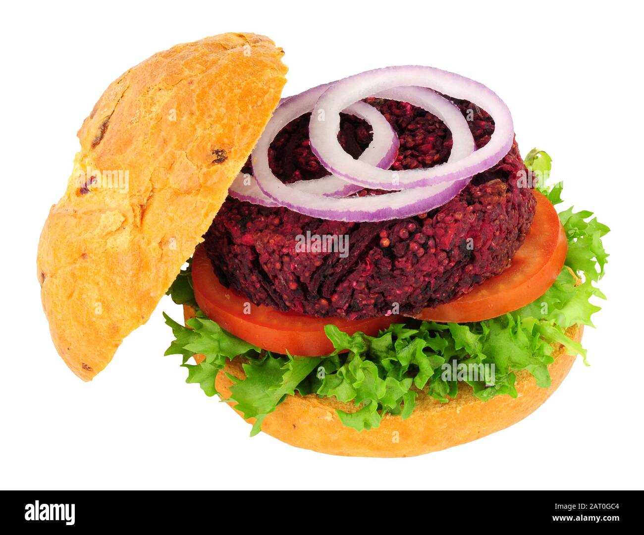 Hamburger vegano con insalata in un rotolo di pane croccante isolato su sfondo bianco Foto Stock