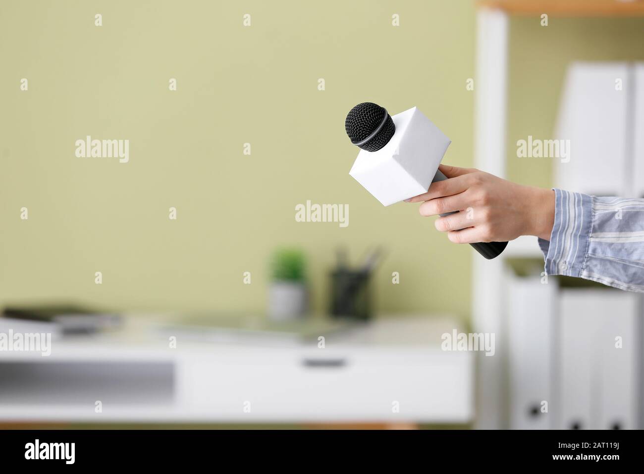 Giornalista femminile con microfono che ha un'intervista all'interno Foto Stock