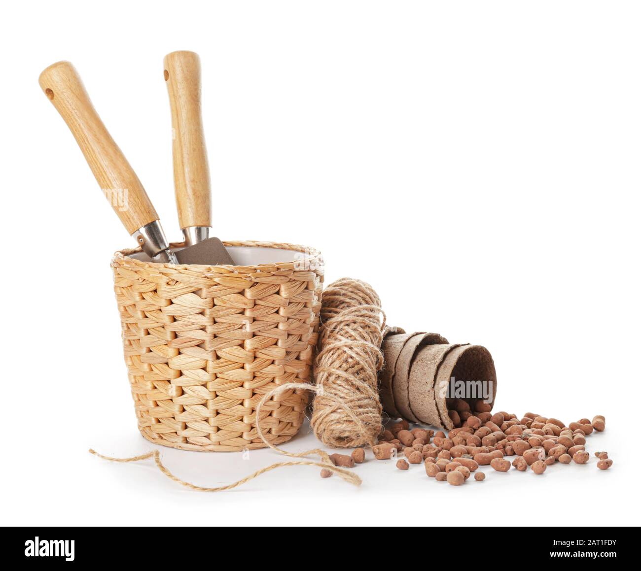 Set di forniture per il giardinaggio su sfondo bianco Foto Stock