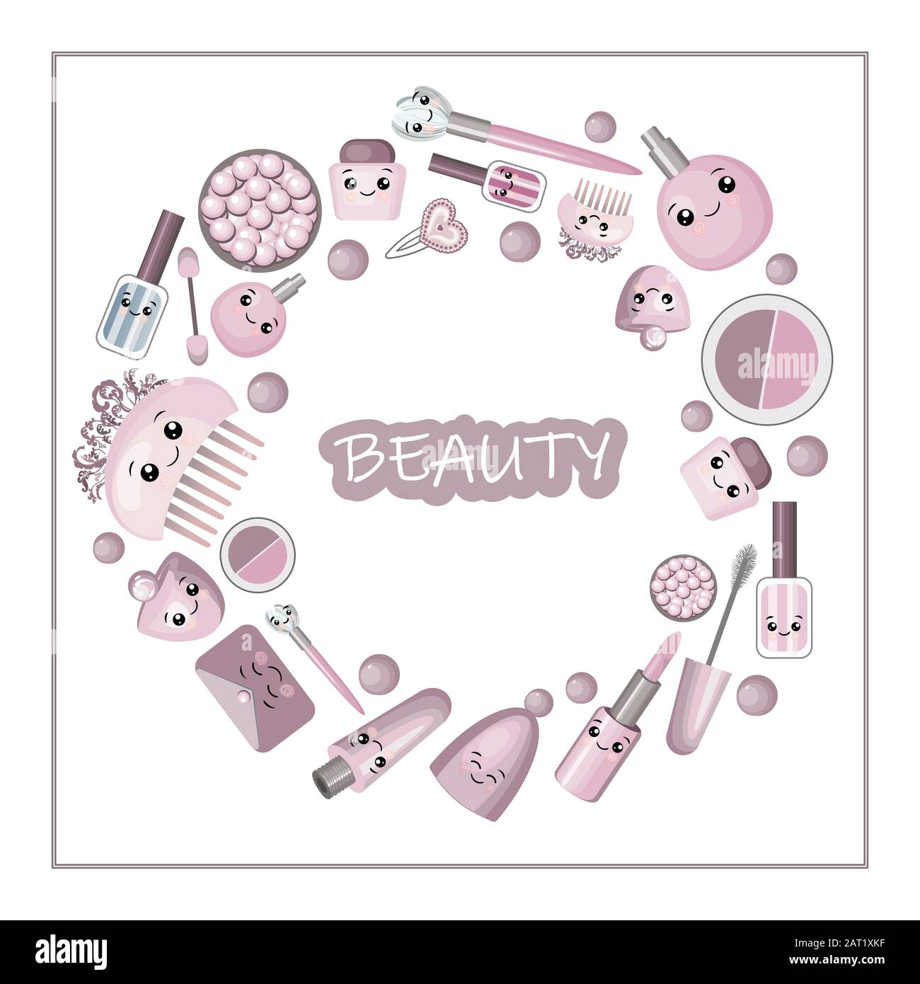 Cute cartone animato con kawaii piccola ragazza e cosmetici, cose di moda -  rossetto, cristallo rosa, mascara, specchio, borsa, pennelli per il trucco,  profumo Immagine e Vettoriale - Alamy