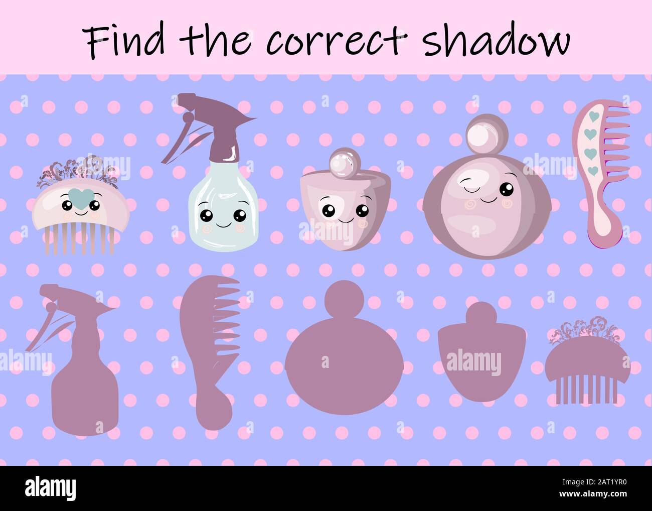 gioco per bambini con foto. Foglio attività per bambini. Attrezzature per parrucchieri cartoni animati. Illustrazione Vettoriale