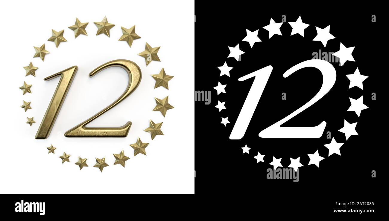 Numero 12 (numero dodici) anniversario celebrazione design con un cerchio di stelle d'oro su uno sfondo bianco con ombra e canale alfa. Illustrazione 3D Foto Stock