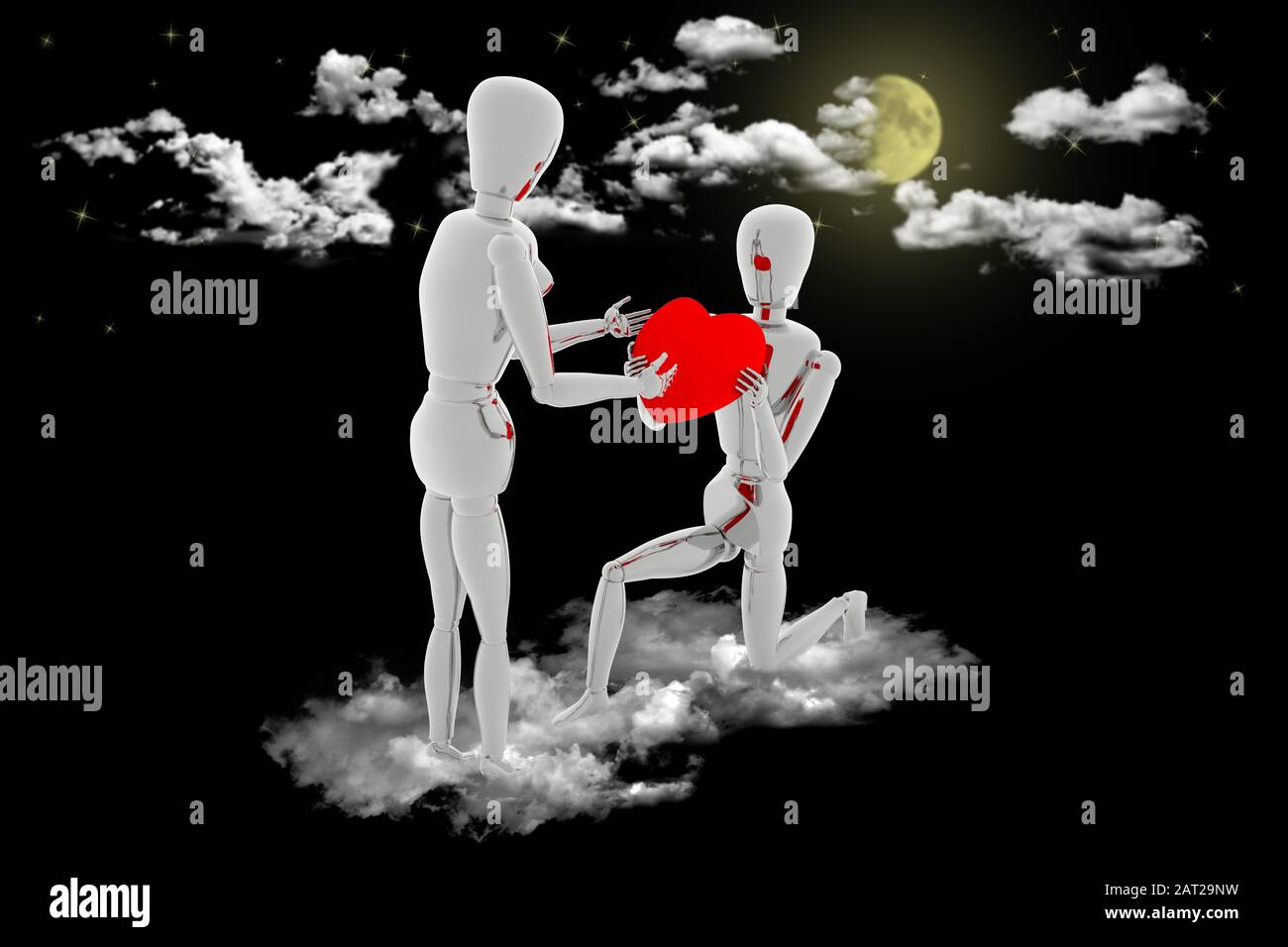 3D'illustrazione. Dichiarazione di amore in Cielo tra le nuvole. Il mio ragazzo offre il cuore il giorno di San Valentino. Foto Stock