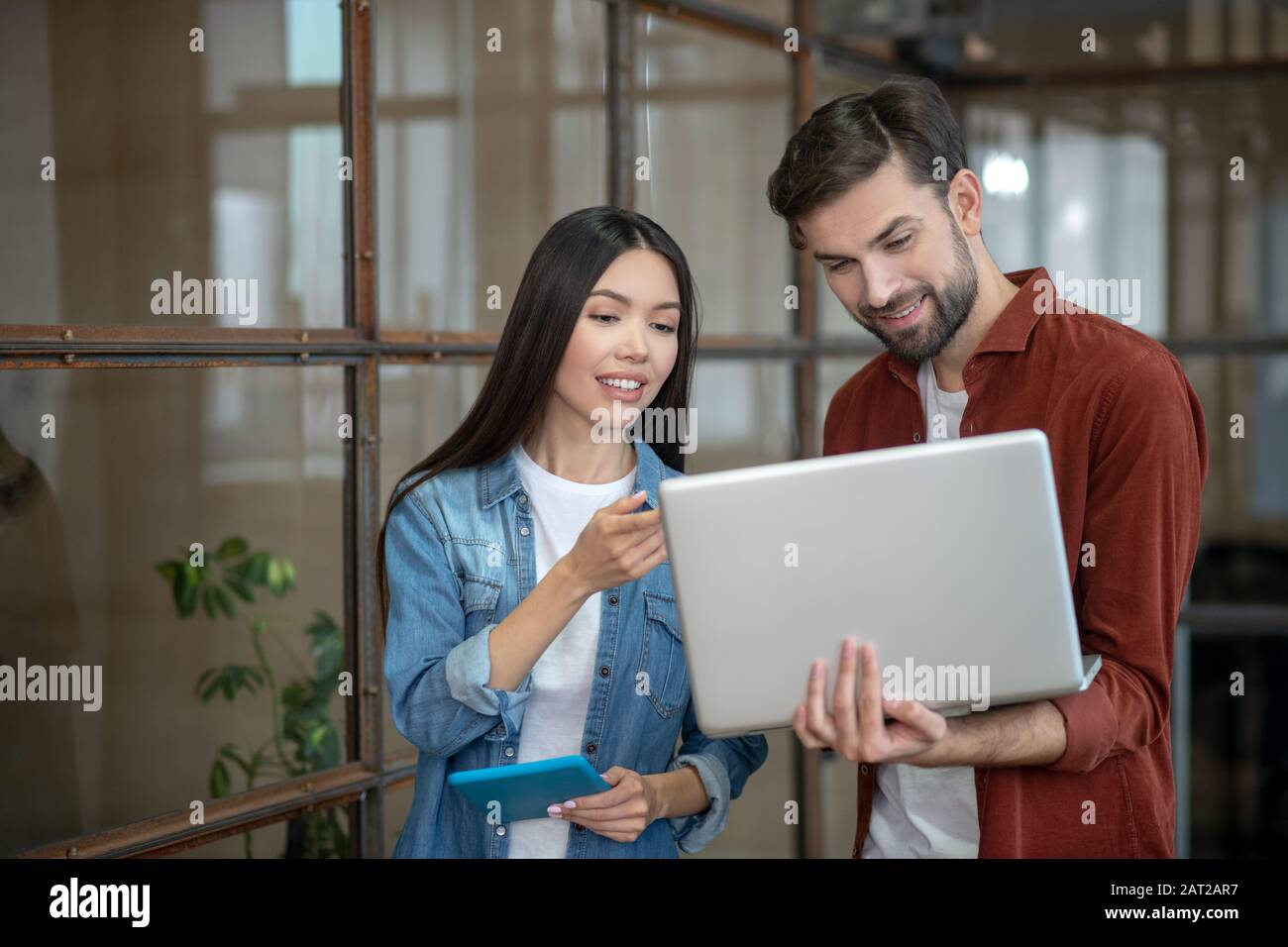 Beraded bell'uomo in una camicia marrone e la sua collega femminile che guarda il portatile Foto Stock