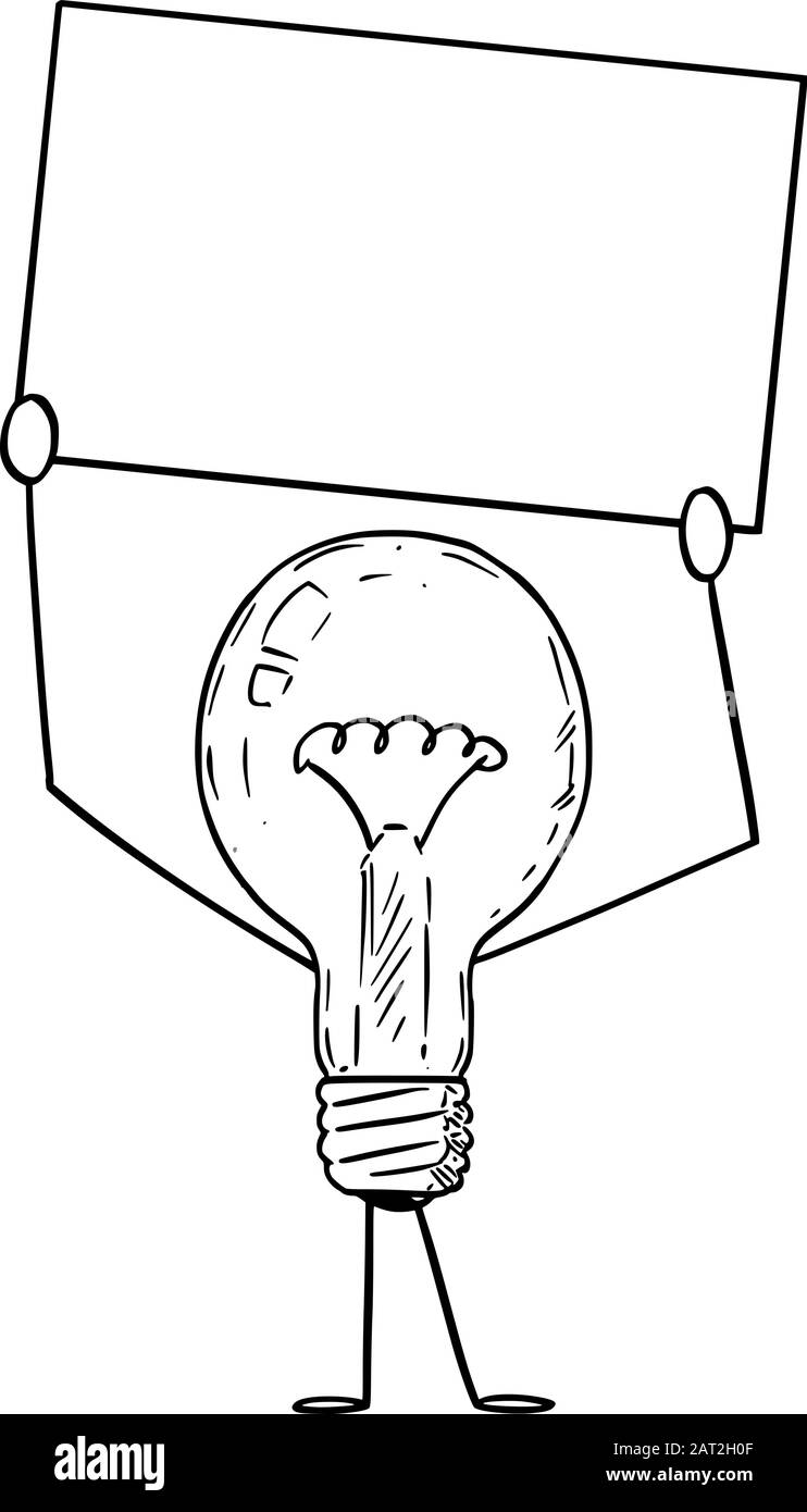 Illustrazione vettoriale del carattere della lampadina del cartone animato che tiene il segno vuoto in mano. Innovazione o idea di pubblicità o di marketing design. Illustrazione Vettoriale