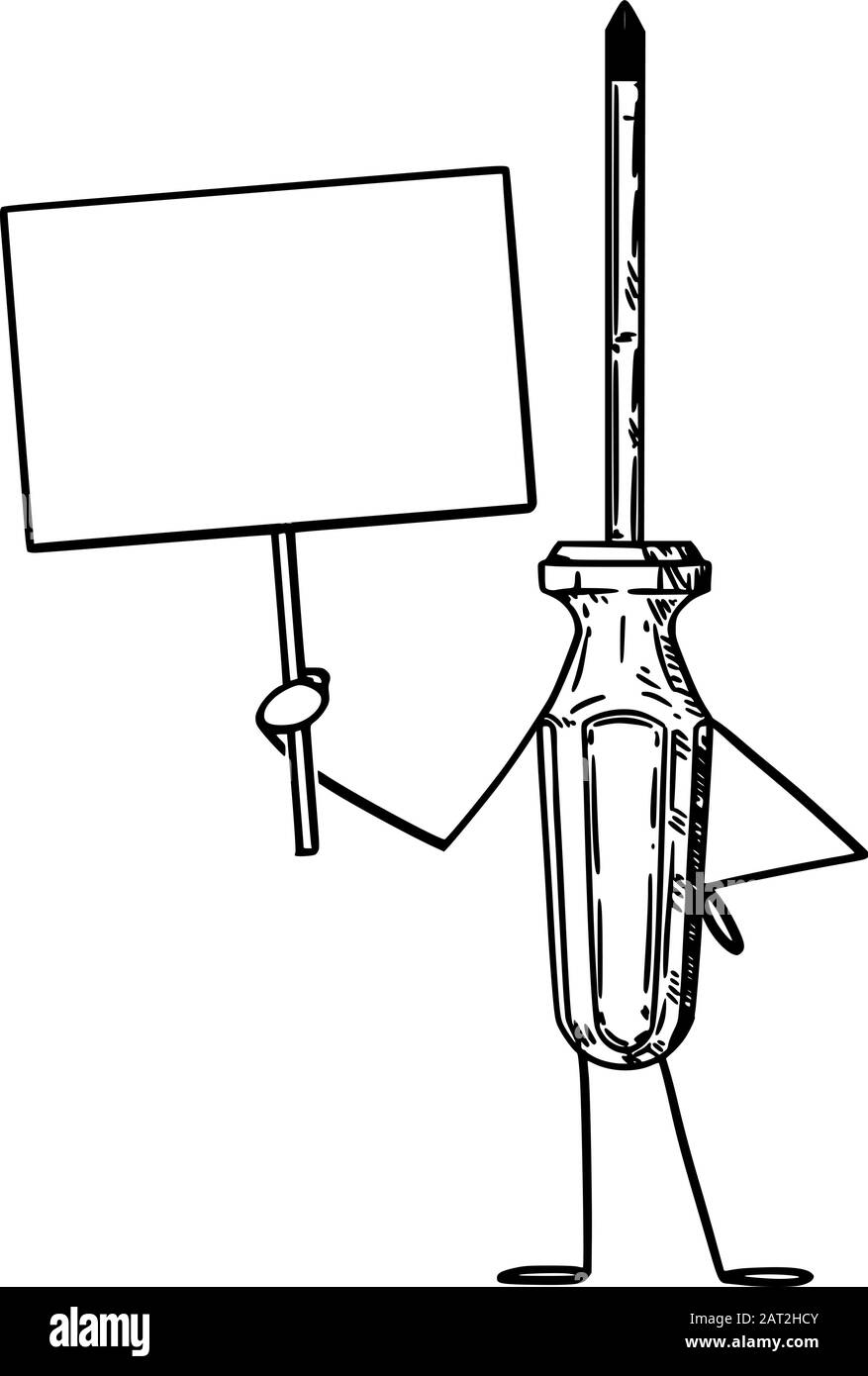 Illustrazione vettoriale del carattere del cacciavite cartoon che tiene il segno vuoto in mano. Artigianato o pubblicità di attrezzo o disegno di vendita. Illustrazione Vettoriale