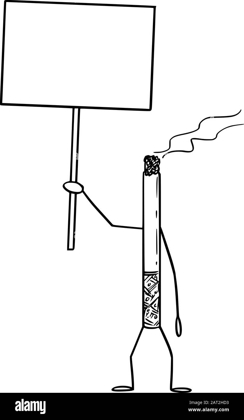 Illustrazione vettoriale del personaggio fumante di sigarette con un cartello vuoto in mano. Salute o dipendenza pubblicità o disegno di vendita. Illustrazione Vettoriale