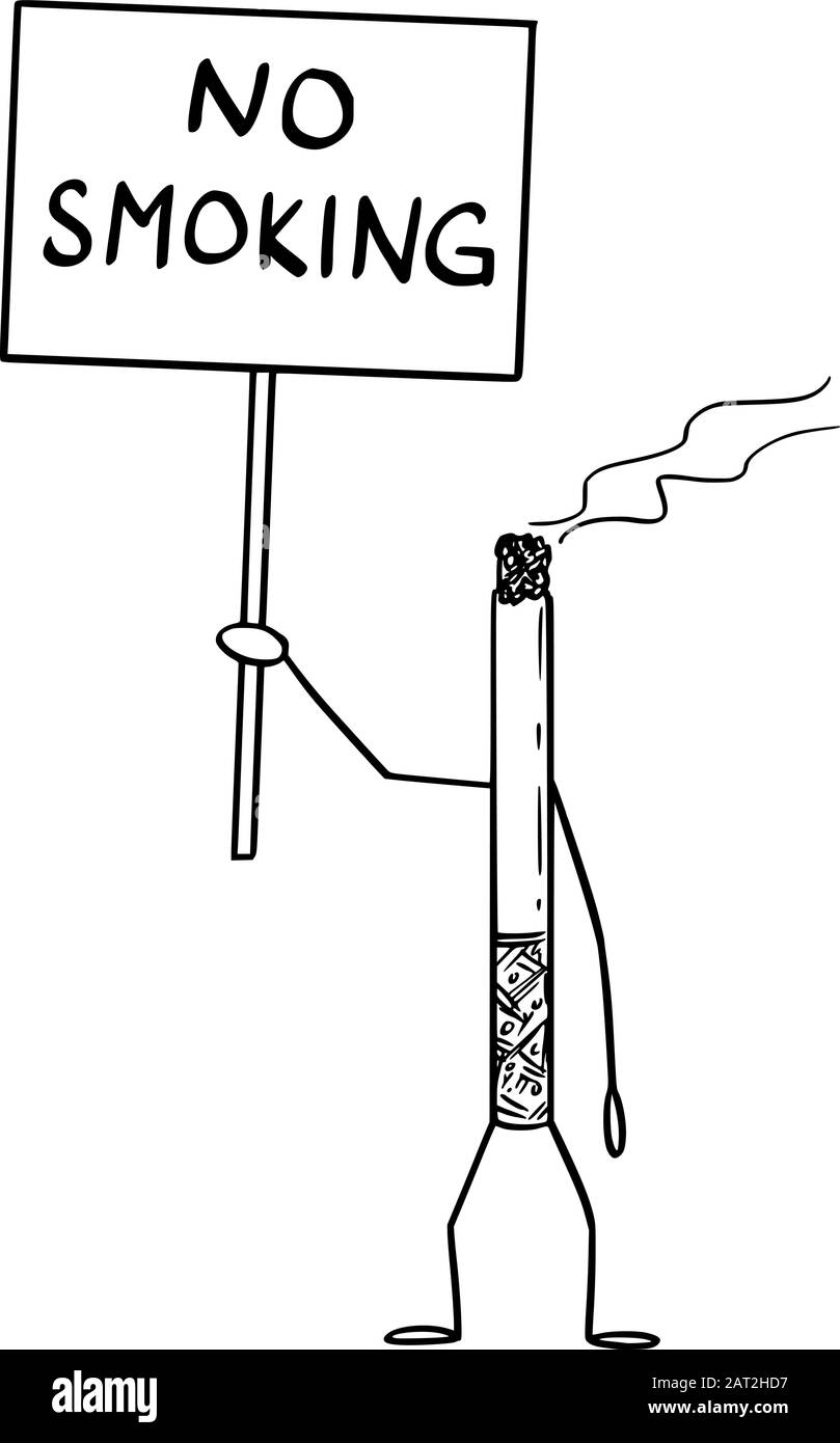 Illustrazione vettoriale del personaggio di sigaretta che brucia cartoni animati che non tiene in mano il segno di fumo. Disegno di divieto del tabacco o della nicotina. Illustrazione Vettoriale